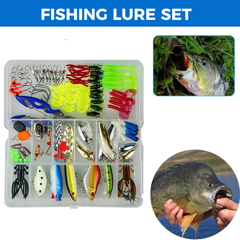 Jercoda 120pcs Fishing Lure Kits Set for Beginner, Long-Range Casting Lure Set with Lure Pliers for Freshwater Saltwater Fishing