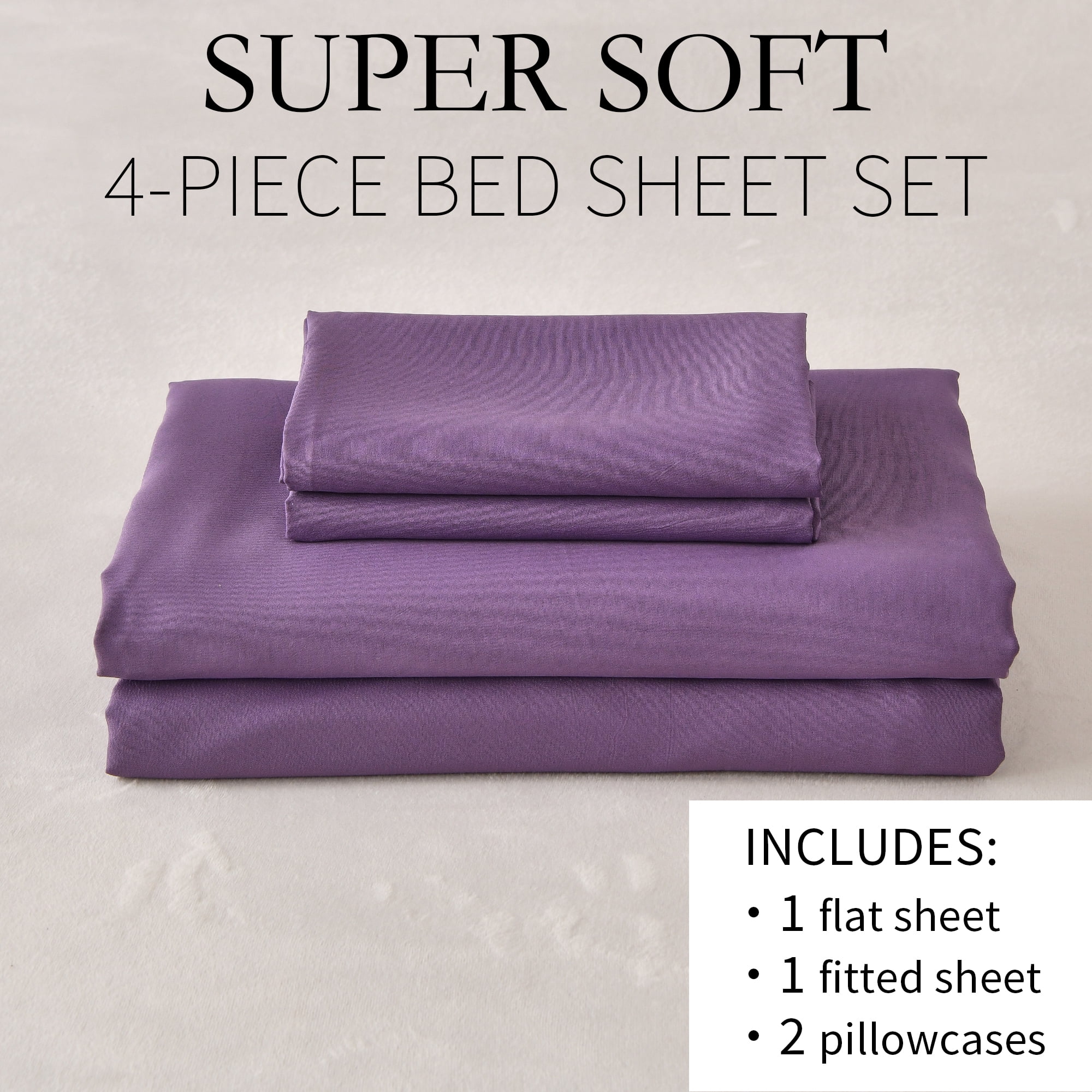 Jessy Home Bed Sheets Set 4 Piece Queen/Full Sheet Set Purple Cotton Blend Fitted Sheet, Flat Sheet & 2 Pillowcases Bedding Set