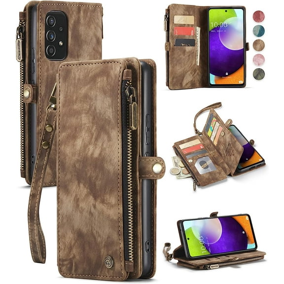 For Samsung A53 5G Case, Galaxy A53 5G Case Wallet for Women and Men, Fashion Durable PU Leather Magnetic Flip Wristlet Zipper Card Holder Wallet Phone Case for Samsung Galaxy A53 5G, Brown