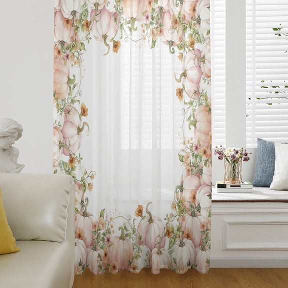 Thanksgiving Fall Semi Sheer Curtains Drapes for Living Room,Bedroom,French Doors Window 84 Inches Long,Pink Orange Ombre Pumpkin Floral Botanical Rod Pocket Chiffon Curtain Drapery Voile Panel