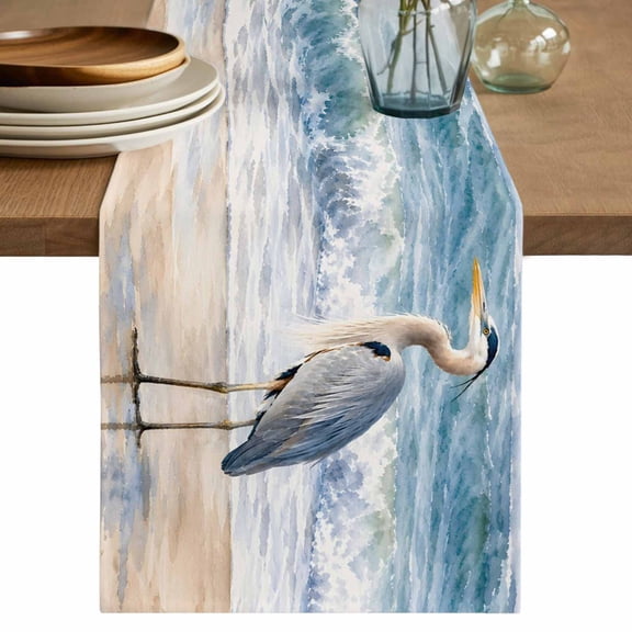 Table Runners 72 Inches Long Dress Scarves, Coastal Heron Farmhouse Kitchen/Dining Table Decor Table Runner, Coffee Tablerunners, Summer Beach Waves Birds Ocean Blue 13x72 Inch