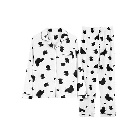 

Beiwei Ladies Nightwear Lapel Pajamas Sets Button Down Sleepwear Casual Lounge Set Pjs Long Sleeve Single Breasted Dairy Cow M