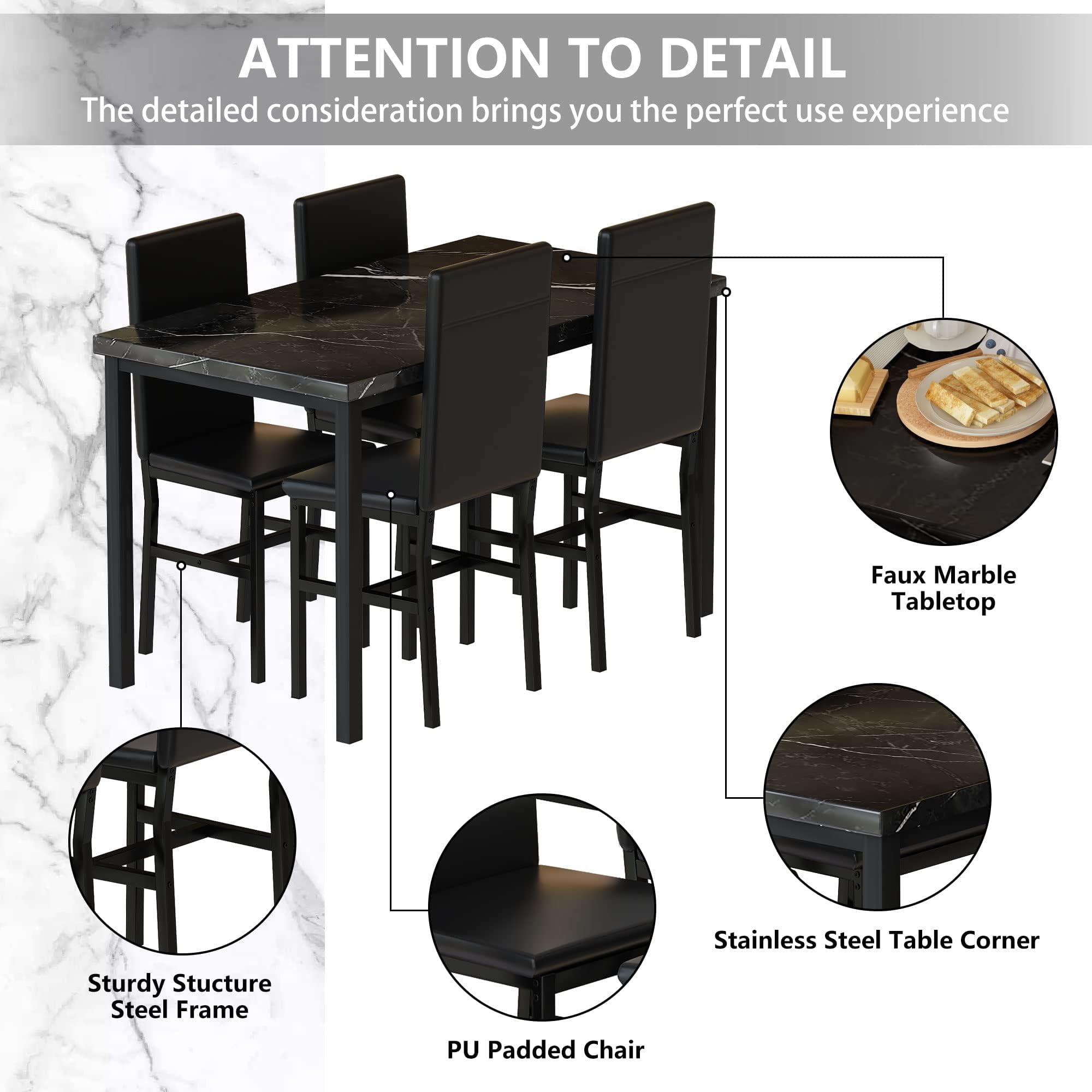 LinkRomat Dining Table Set for 4, Faux Marble Kitchen Table Set with 4 Leather Upholstered Chairs, 5 Piece Modern Dinette for Dining Room