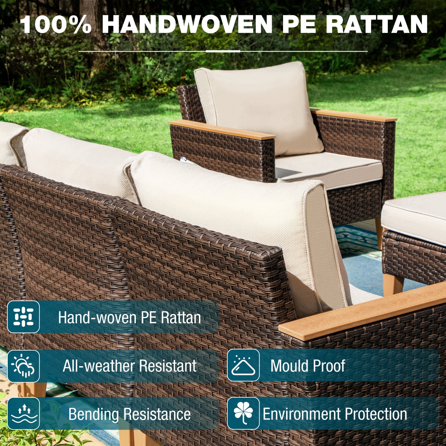 MF Studio 8 Piece Outdoor Patio Furniture Set with 45-inch 50,000 BTU Fire Pit Table Patio Conversation Set with Beige Cushions