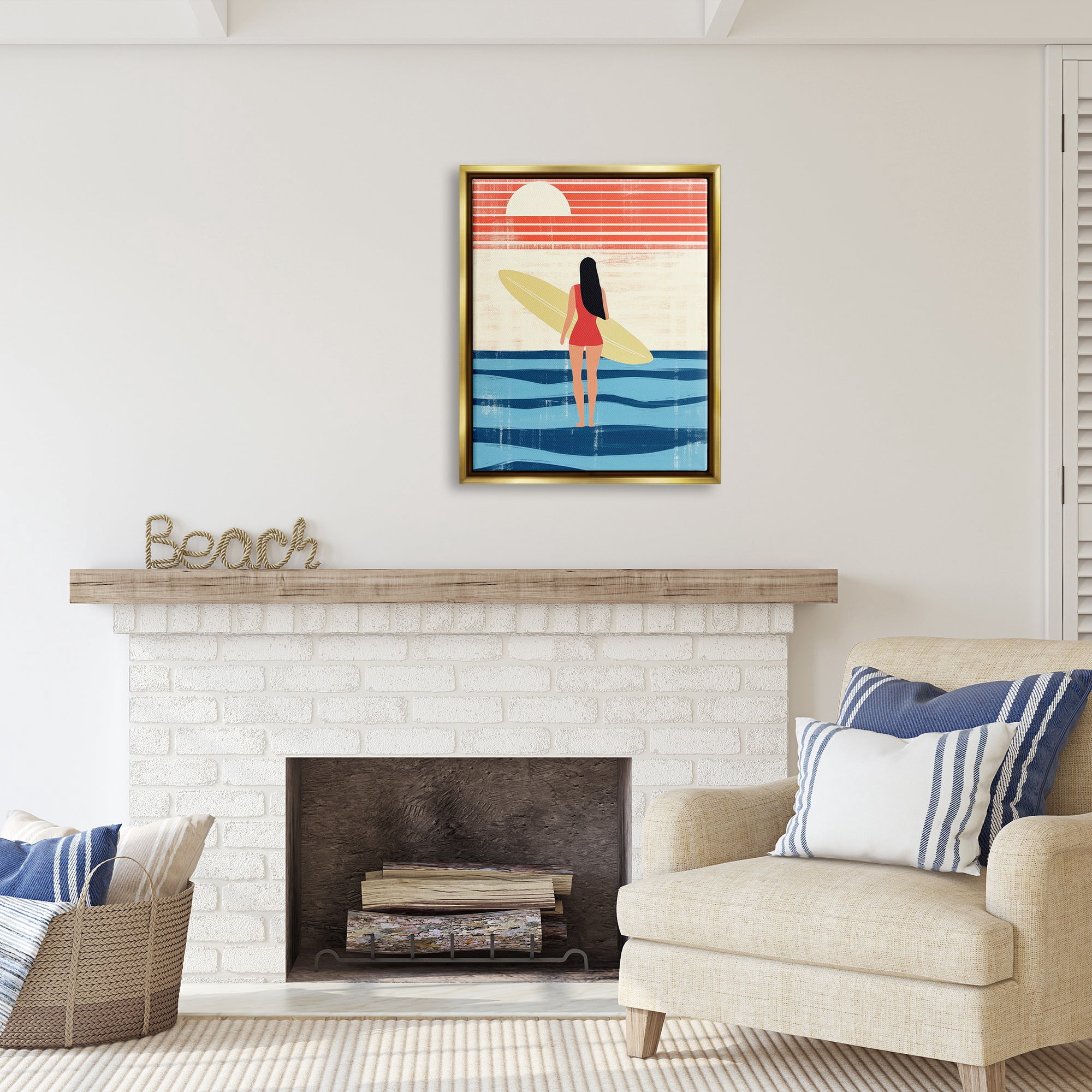 Stupell Industries Rustic Surfer Girl Abstraction Abstract Painting Gold Floater Framed Canvas Art Print Wall Art, 25 x 31