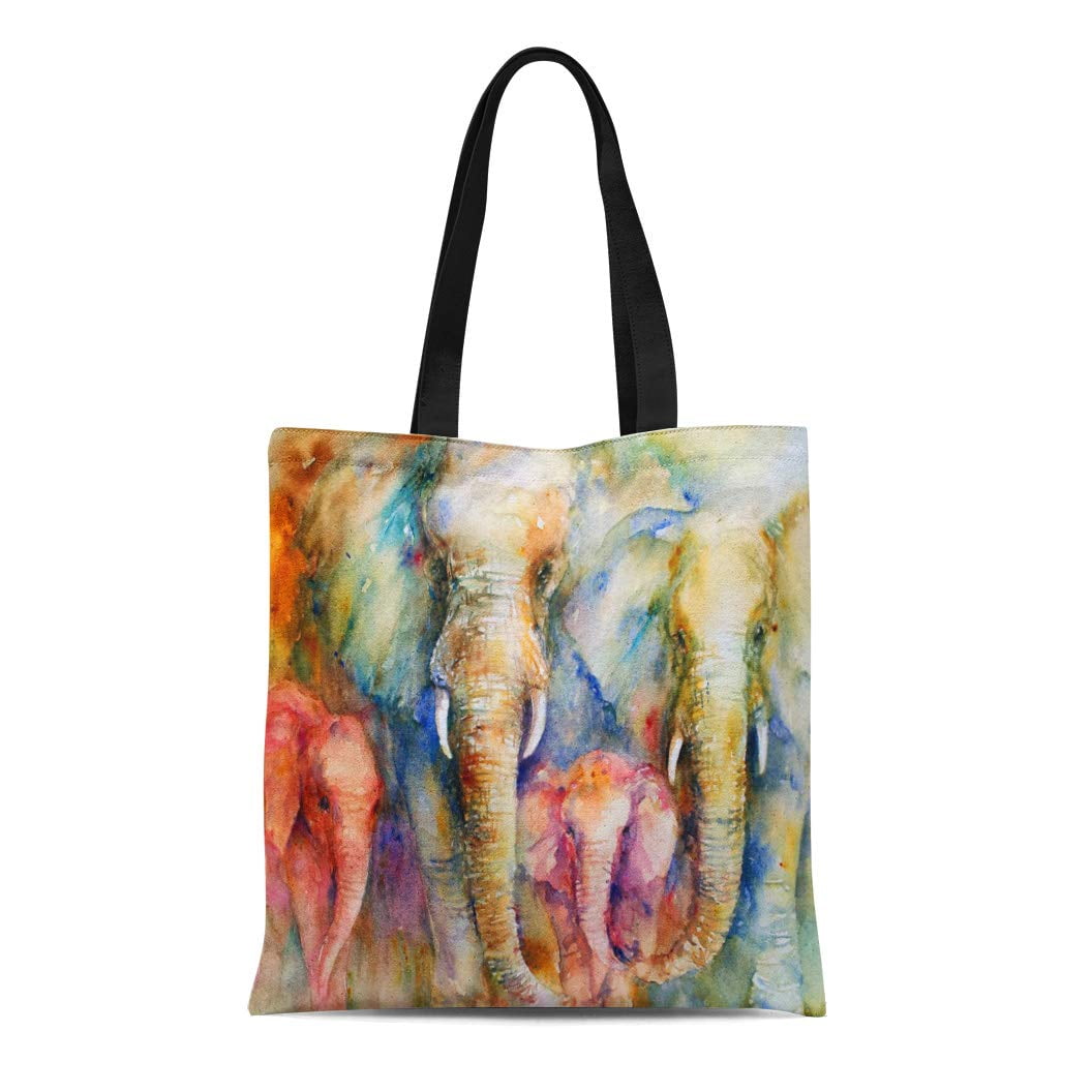 ASHLEIGH Canvas Tote Bag Boho Elephant Painting on Chic Bohemian Hippie
