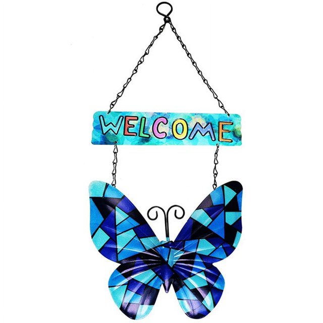 Welcome Sign Front Door Decor Metal Simulation Butterfly Garden Hanging Pendant Rural Spring Home Decoration New Blue