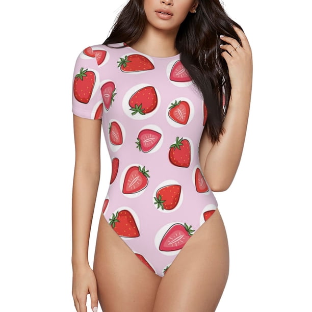 Balery Hand Drawn Strawberry Body de cuello redondo de manga corta para mujer Tops de manga corta Tops básicos-Medium