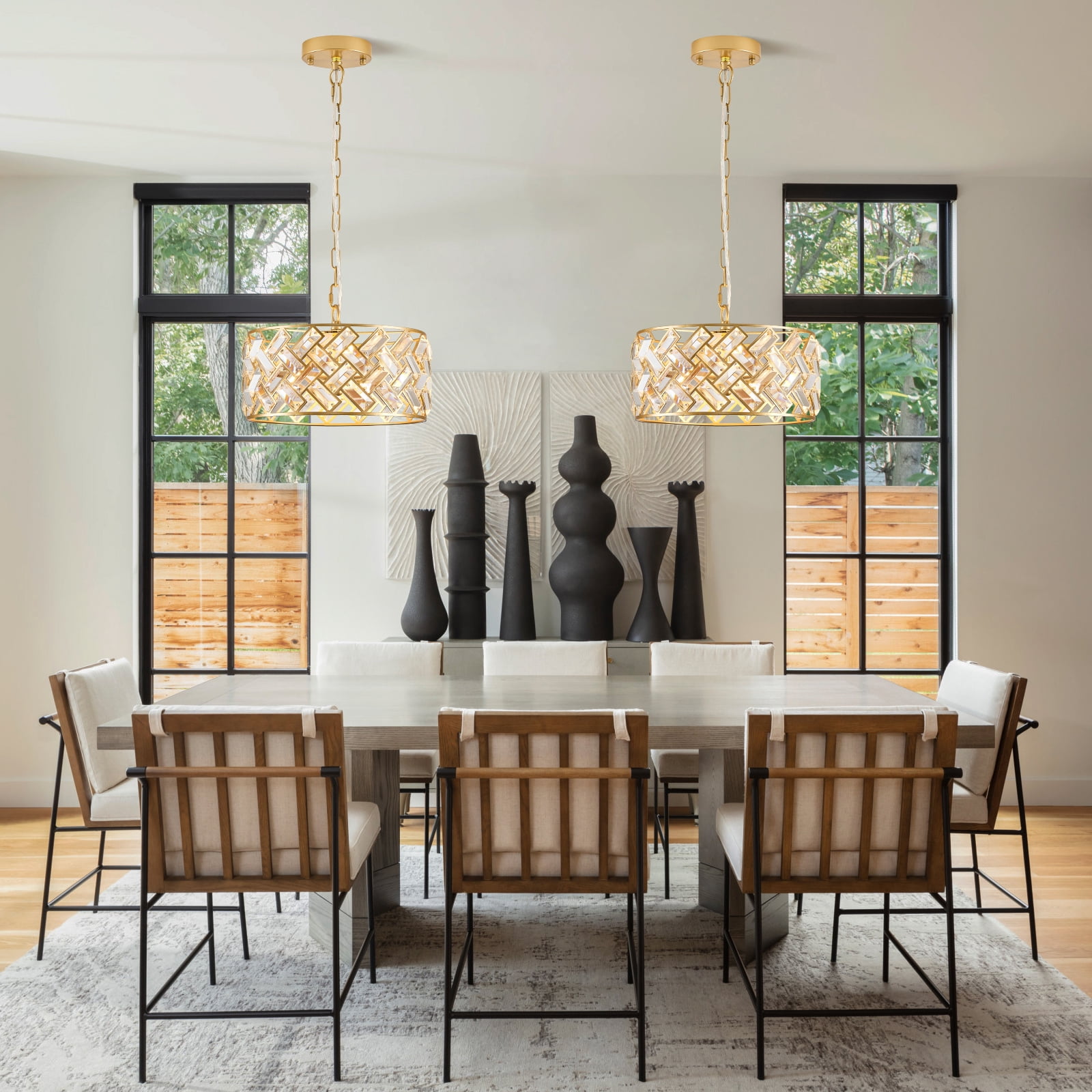 Modern Gold Crystal Chandeliers, Small Semi Flush Mount Chandelier 4-Ligh 12'' Drum Crystal Pendant Light Fixture for Foyer Entryway Kitchen Hallway Dining Room