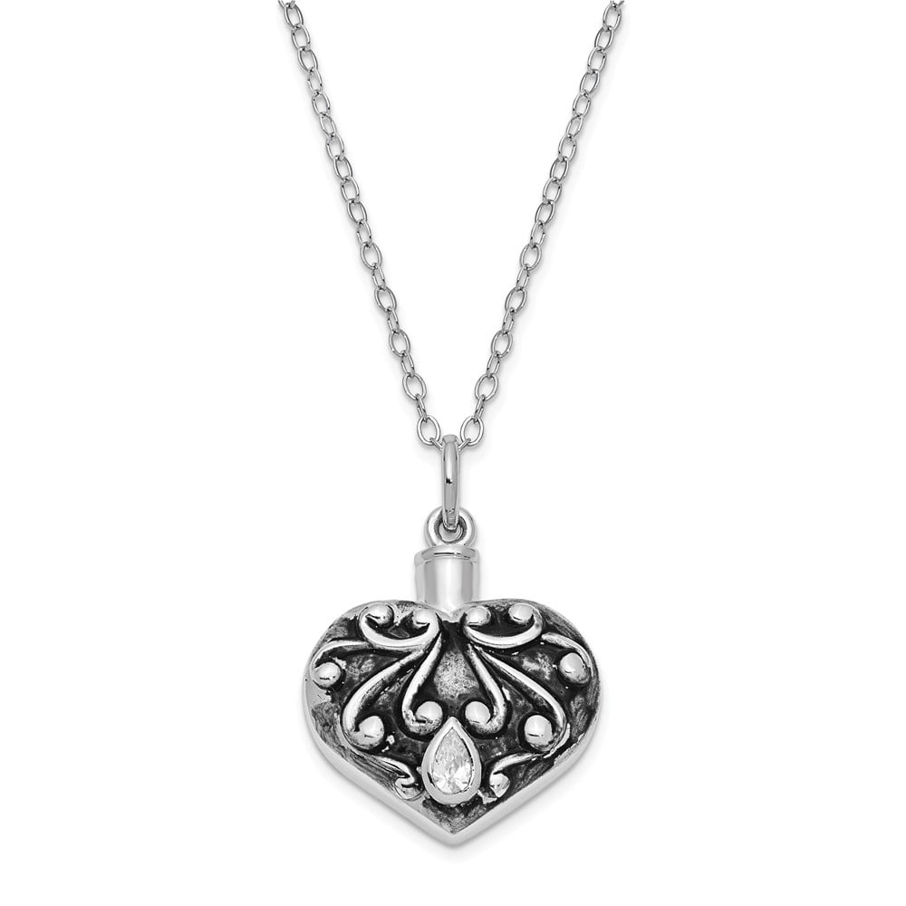 Sterling Silver Cubic Zirconia Heart Ash Holder 18in Necklace 