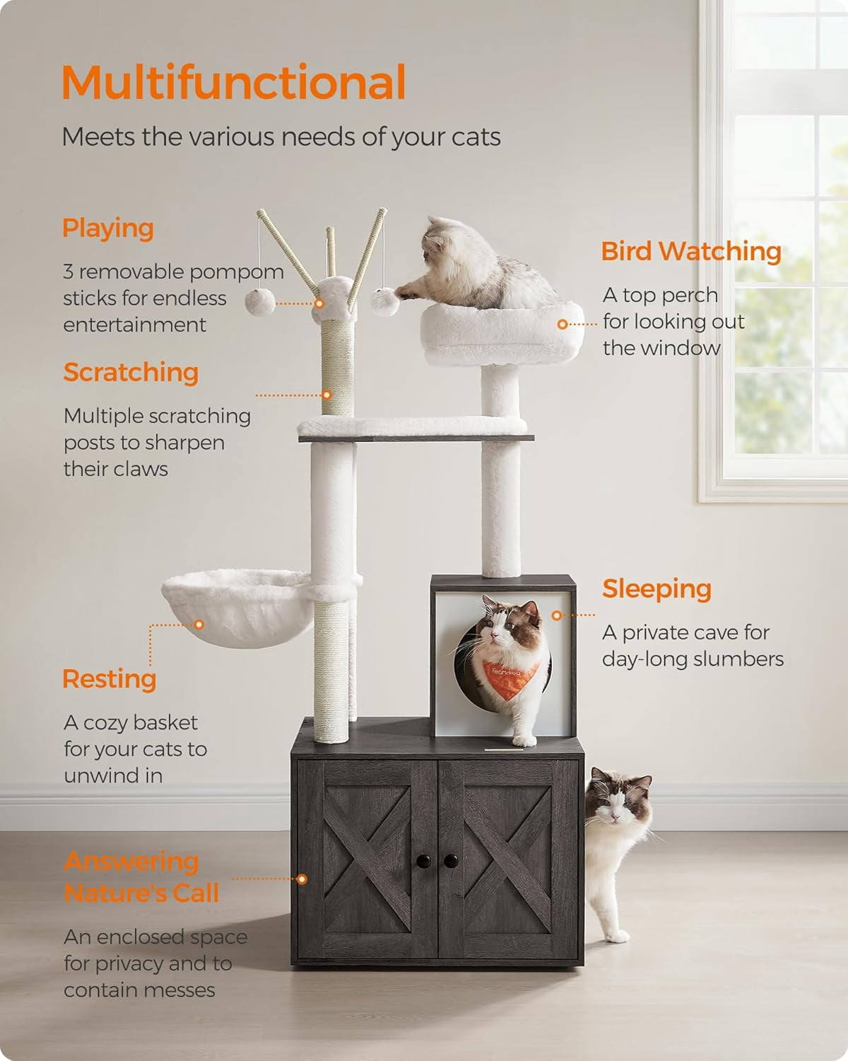 Favory Cat Tree with Litter Box Enclosure, 59-Inch Modern Cat Tower, 2-in-1 Condo with Scratching Posts, Washable Removable Cushion, Misty Gray UPCT113G02