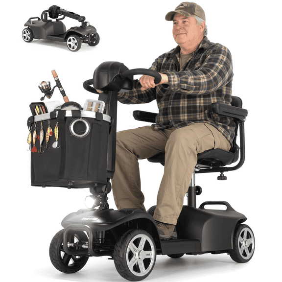 TieTie 4-Wheel Mobility Scooter for Adults & Seniors, Foldable, 250W Motor, Long Battery Life, Comfort Swivel Seat, Detachable Basket, USB Port & LED Light, 265 lbs Capacity, Black