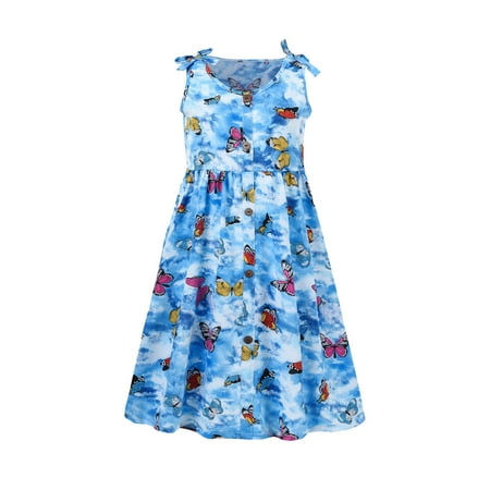 

Girls Casual Dress Summer Scoop Neck Sleeveless Butterflies Flowy Printed Plain Sundress Beach Princess Dress Child Leisure Outwear
