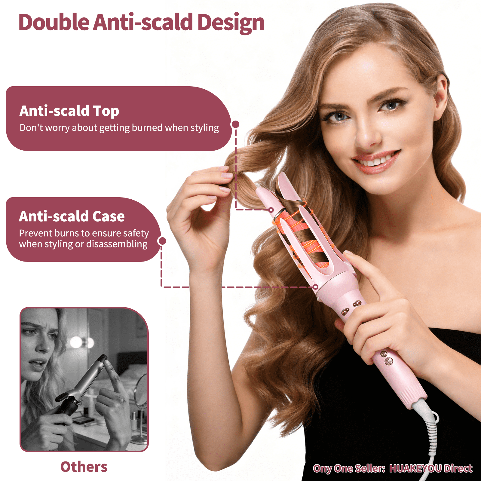 3-in-1 Auto Rotating Curling Iron with Waver & Straightener Brush, Anti-Scald Hair Styler Pink
