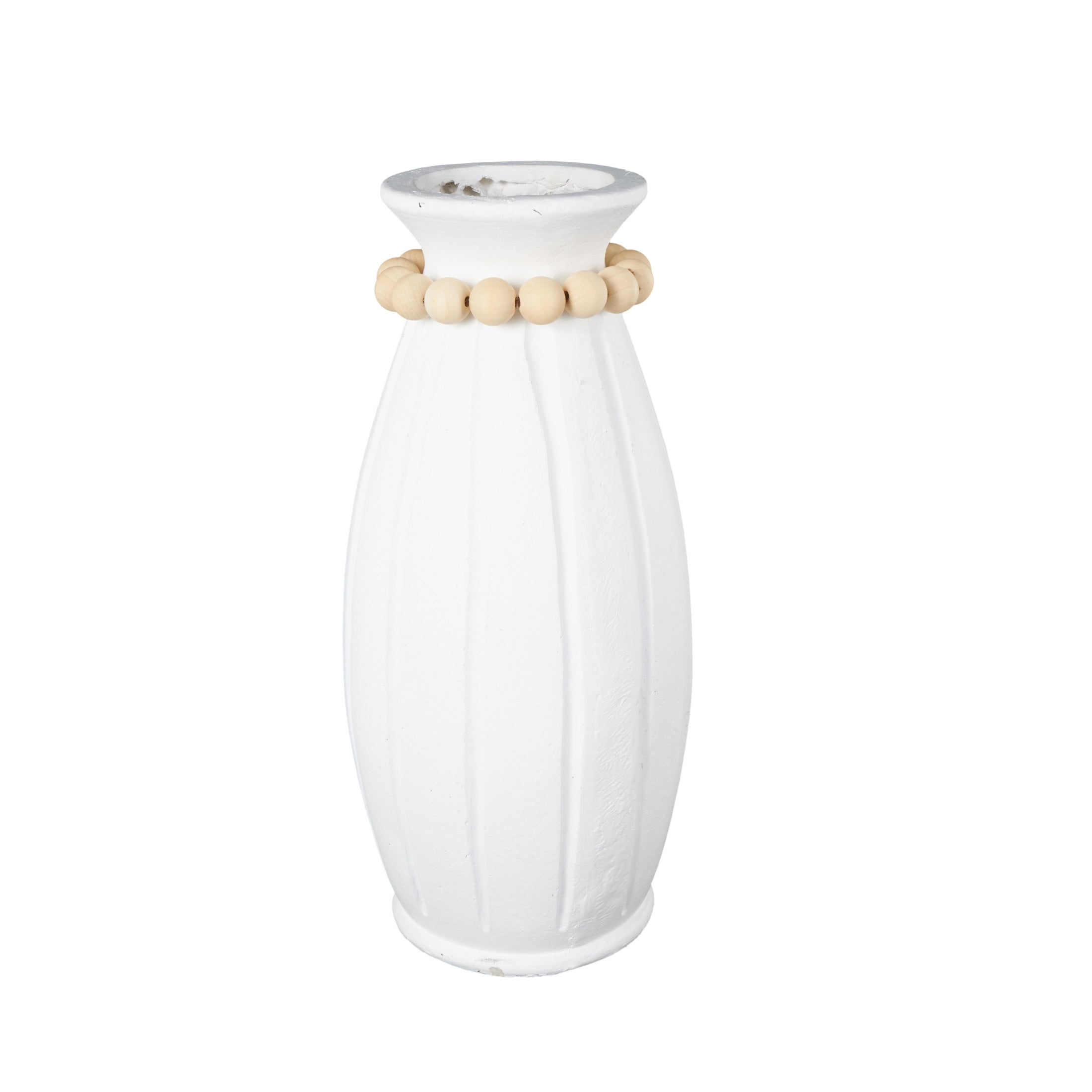 DecMode 20" White Magnesium Oxide Vase with Light Brown Beads and Carved Grooves