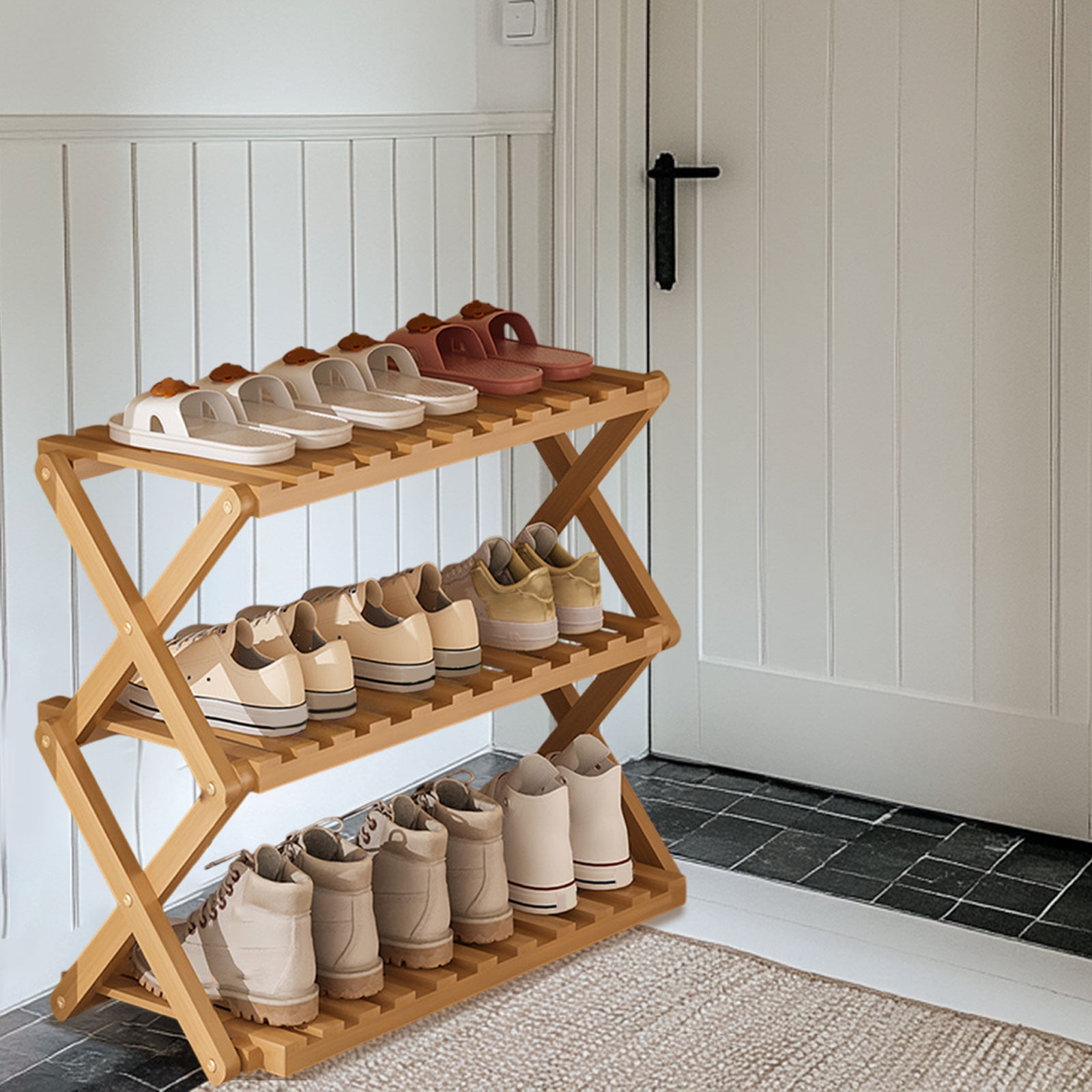 DAMAI 3 Tier Bamboo Shoe Rack,Portable Folding Multifunctional Free Standing Shoe Shelf Storage Shoe Storage Rack,Without Installation Small Shoe Rack Perfect for Corridors,Bedrooms and Small Spaces