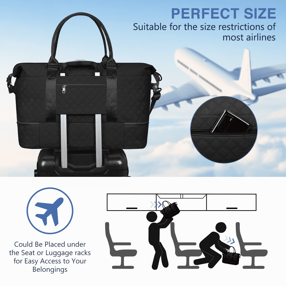 Travel Bag with Shoes Compartment, 40L Weekender Overnight Duffel Bag with Toiletry Bag and Shoes Bag, Gym Bag for Women with Wet Pocket, Personal Carry On Bag for Women, Travel, Gym, Weekend, Black