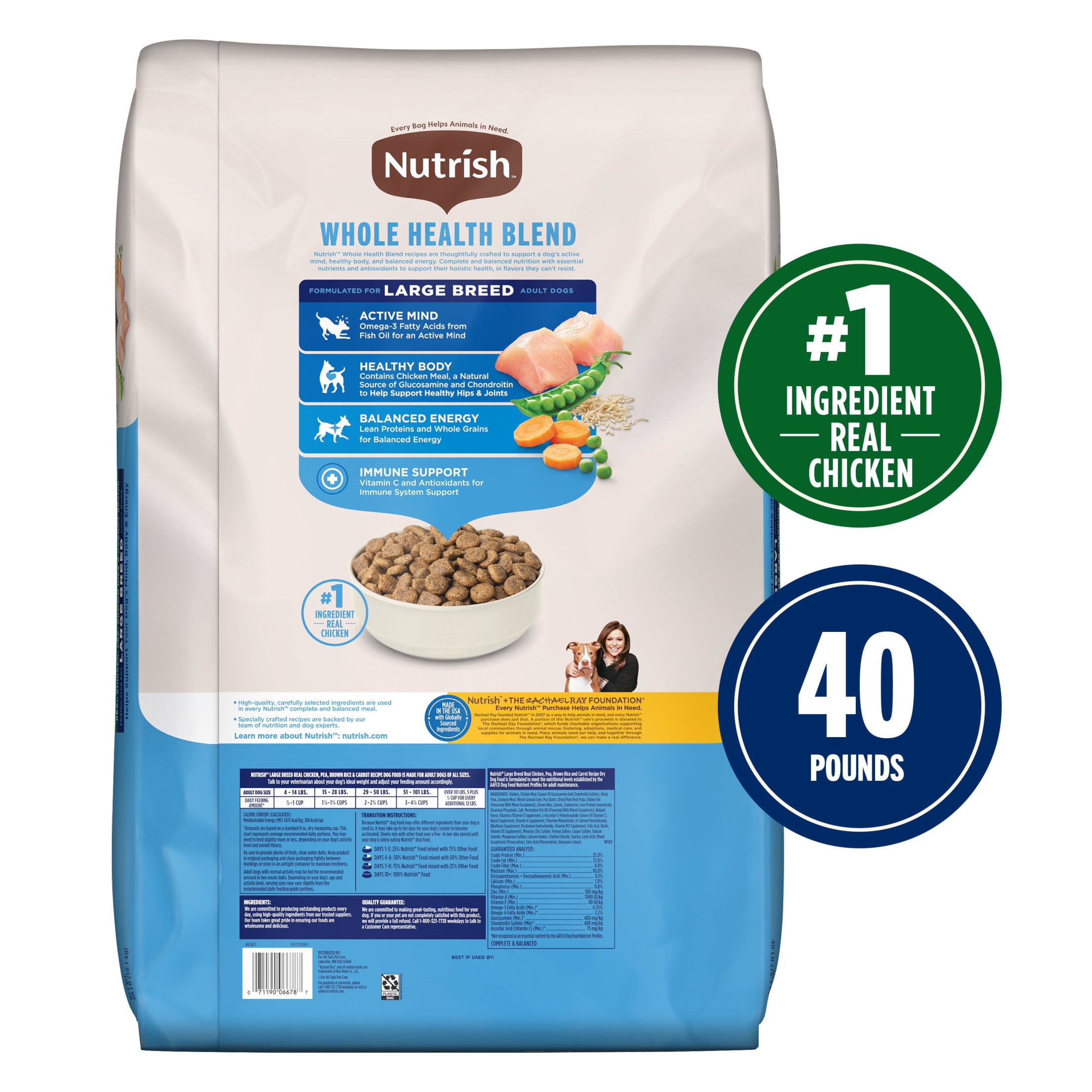 Nutrish Large Breed Real Chicken, Pea, Brown Rice & Carrot Recipe Whole Health Blend Dry Dog Food, 40 lb. Bag (Rachael Ray)
