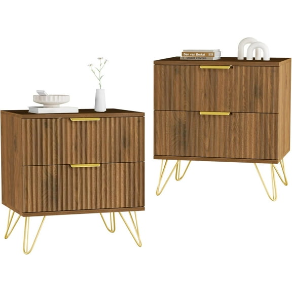 Set of 2 Nightstand, Mid Century Modern Night Stand Bedside Table with 2 Storage Drawer, Bed Side End Table with Golden Handles and Legs for Bedroom, Walnut