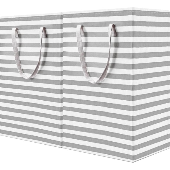 2 Pack Laundry Hamper, Large Collapsible Laundry Basket with Extended Handles, Freestanding Waterproof Clothes Hamper for Storage, Grey, 16.1 × 11.8 × 23.6 Inch, 75L