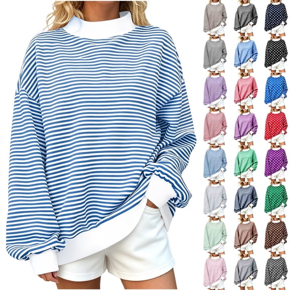 Womens Oversized Striped Sweatshirt Mock Neck Pullover Long Sleeve Tops Casual Loose Fit Fall Winter Clothes (XL, Sky Blue)