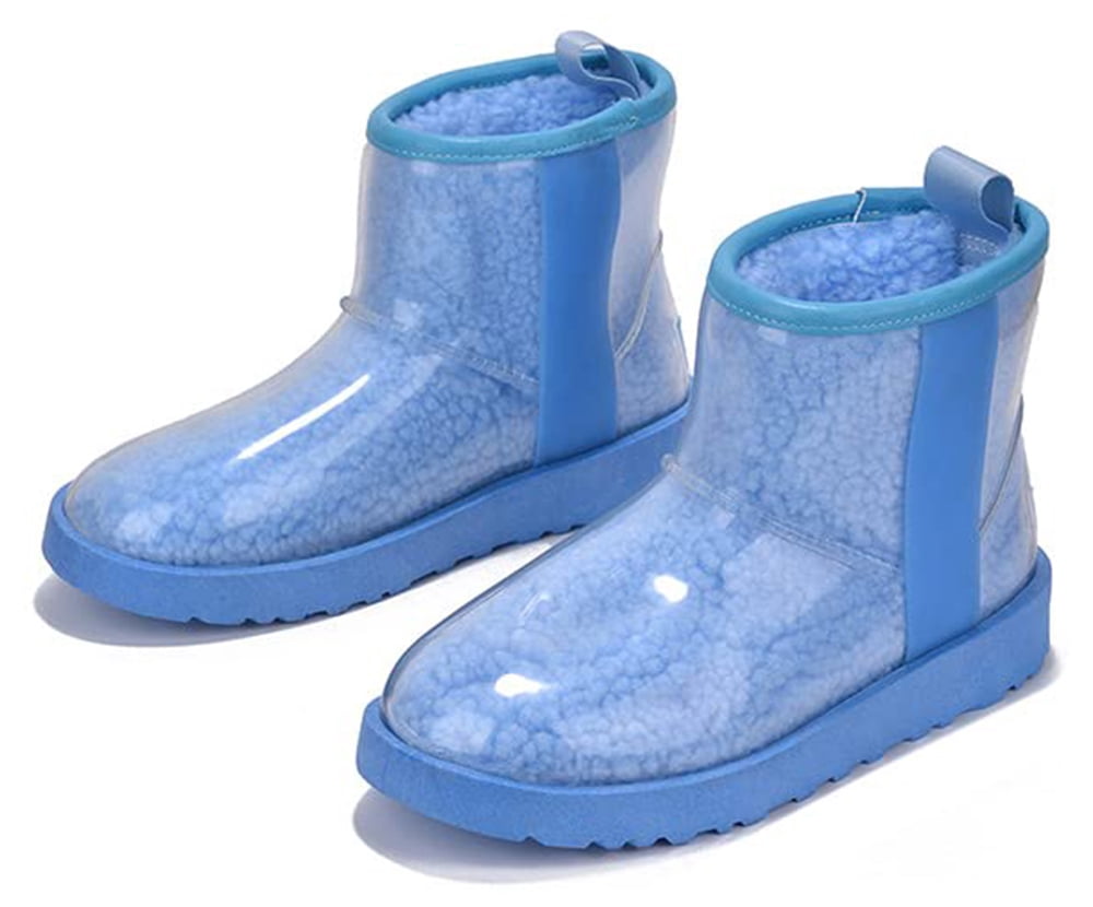 Cape Robbin Women Ankle Snow Rain Boots Flat Platform Warm Fur Clear Leather Lug Sole Waterproof Booties Slip On Round Toe BAYBERRY Blue 6