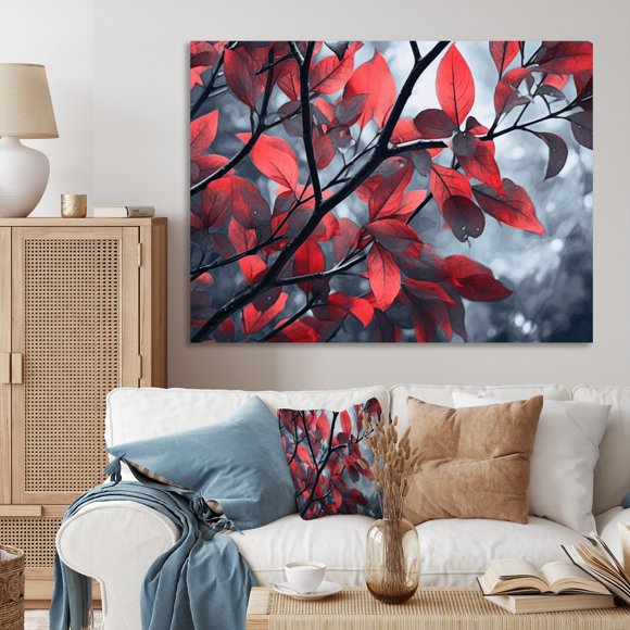 Designart Floral Wall art decor, Floral Wall Art, Tree with Leaves in Red and Grey I , Extra large Traditional Canvas wall art, 20x12 inches