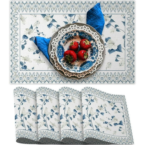 MIZHONA Blue Boho Placemats Set of 4 Bohemian Linen Double-Sided Dining Table Place Mats for Dining Table Decor 12x18 in