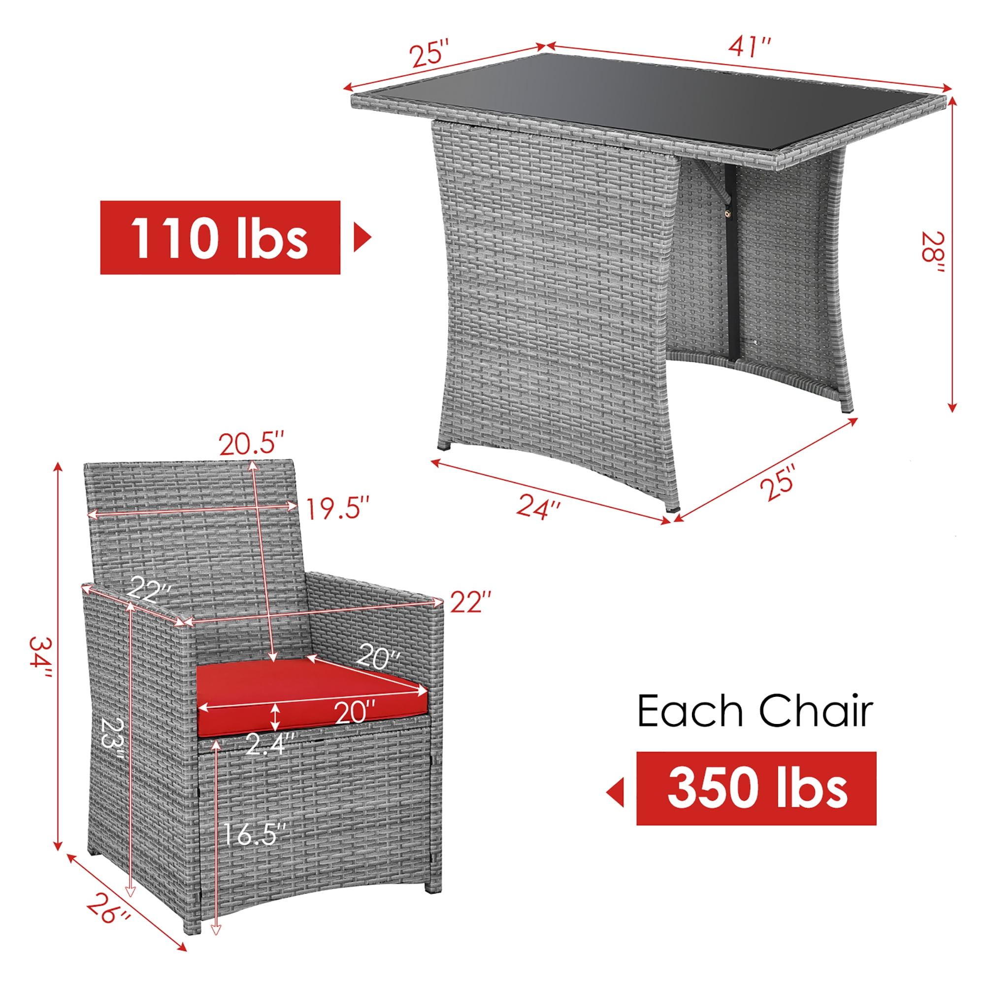 Costway 3PCS Patio Rattan Furniture Set Cushioned Sofa Armrest  Garden Red
