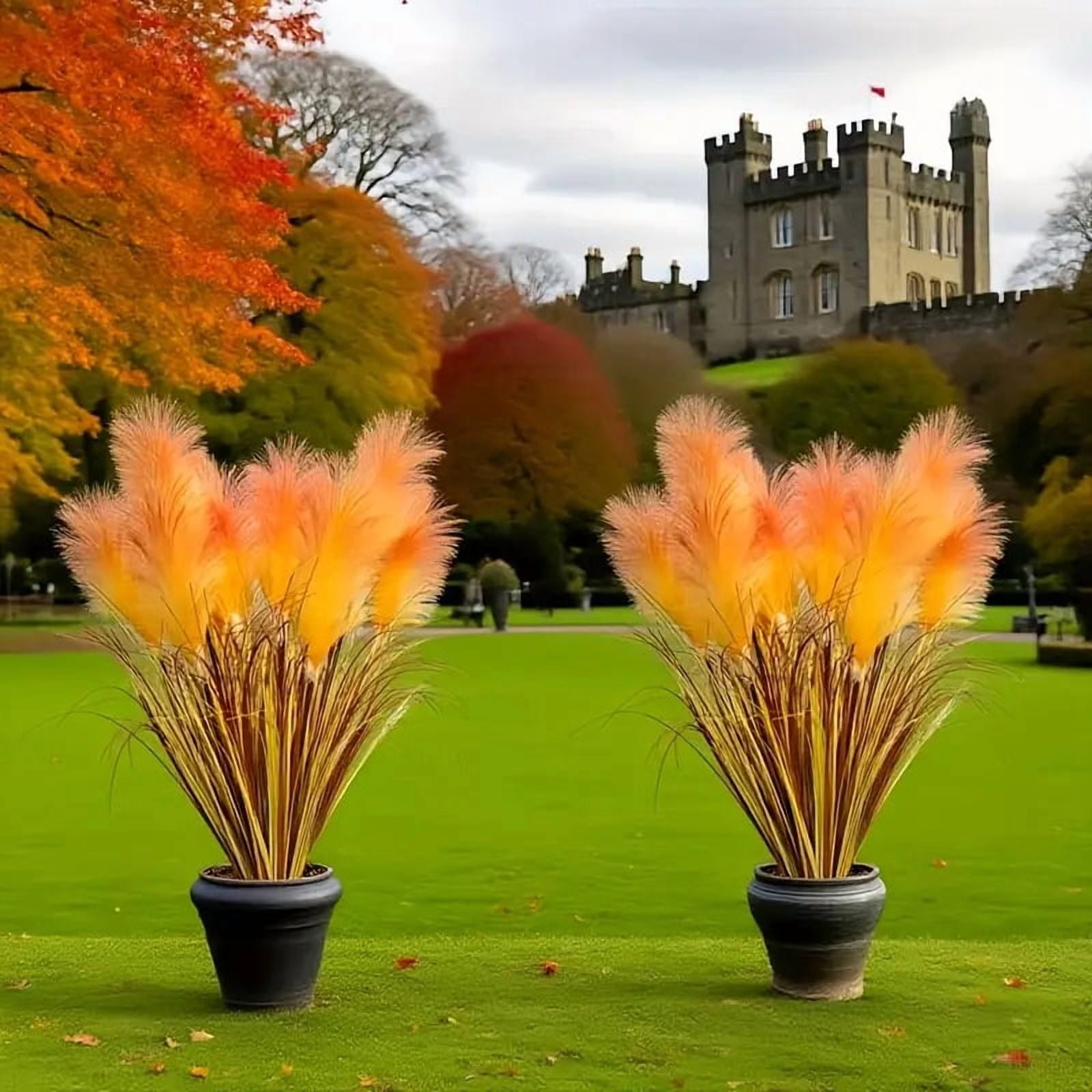 2 pieces artificial imitation reed flowers, autumn harvest large orange yellow reed flowers with onion grass, 31.50 inches high dry feathery stems, maintenance-fre,e indoor/outdoor decoration