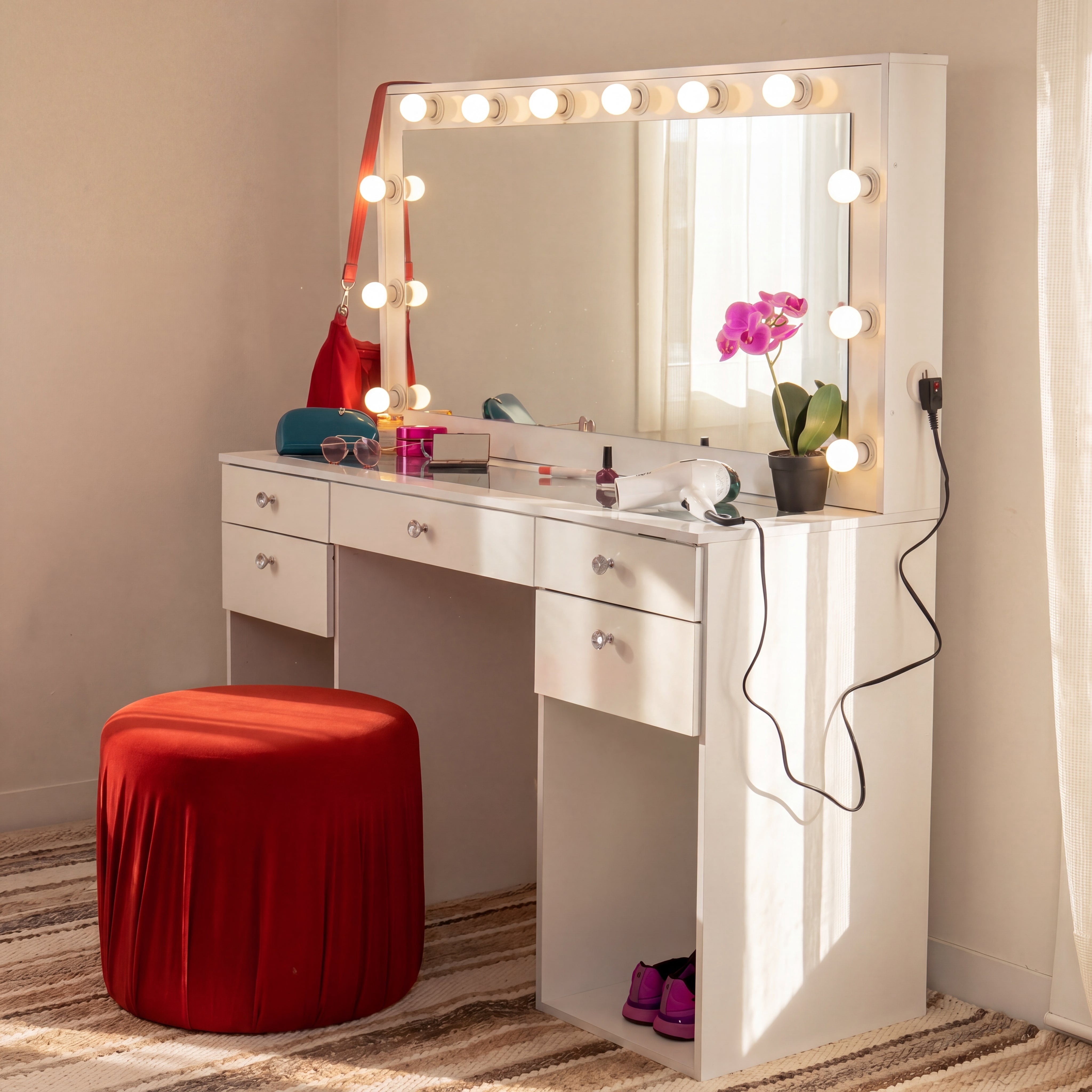 Boahaus Verona Large Vanity Desk with Mirror and Lights – Makeup Vanity Table with Storage and Power Outlet for Adults