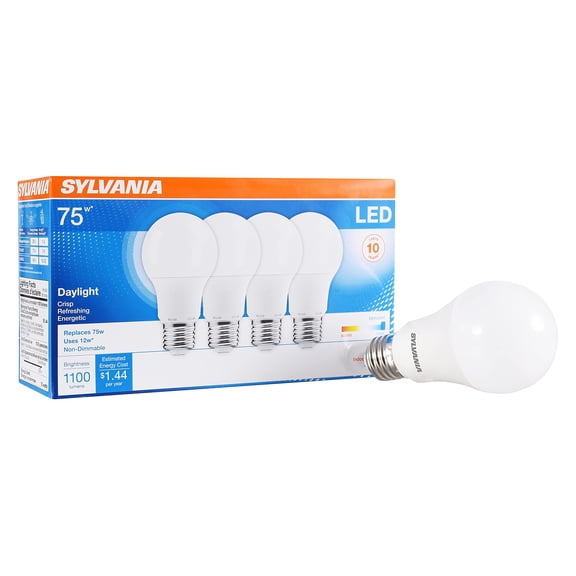 Sylvania LED A19 Light Bulb, 75W Equivalent, Efficient 12W, Medium Base, Frosted Finish, 1100 Lumens, 5000K, Daylight - 4 Pack (78100)