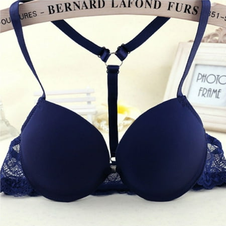 

Womens Front Closure Lace Racer Back Racerback Push Up Bras Seamless Bra +Thong Dark blue 34