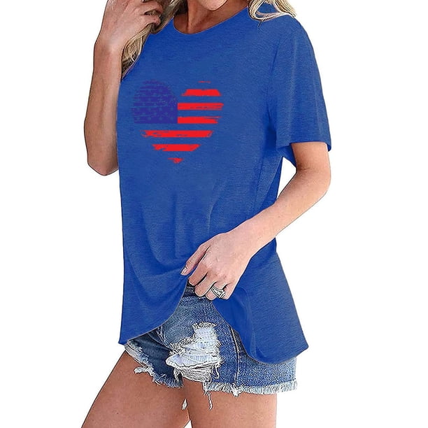 Fiudx Tops para Mujer Camiseta de Manga Corta con Cuello Redondo y Estampado de Bandera de Moda para Mujer