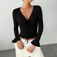 thumbnail image 2 of aidice Ribbed Tops for Women Casual V Neck Drawstring Long Sleeve Ruffle Ruched Comfy Slim Crop Tops, 2 of 6