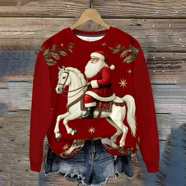 Fankiway Chandails à Manches Longues pour Femmes Hommes et Femmes Jour de Noël Vintage Imprimé Col Rond Décontracté Sportif Chandail en Molleton à Manches Longues Hauts Rouge m