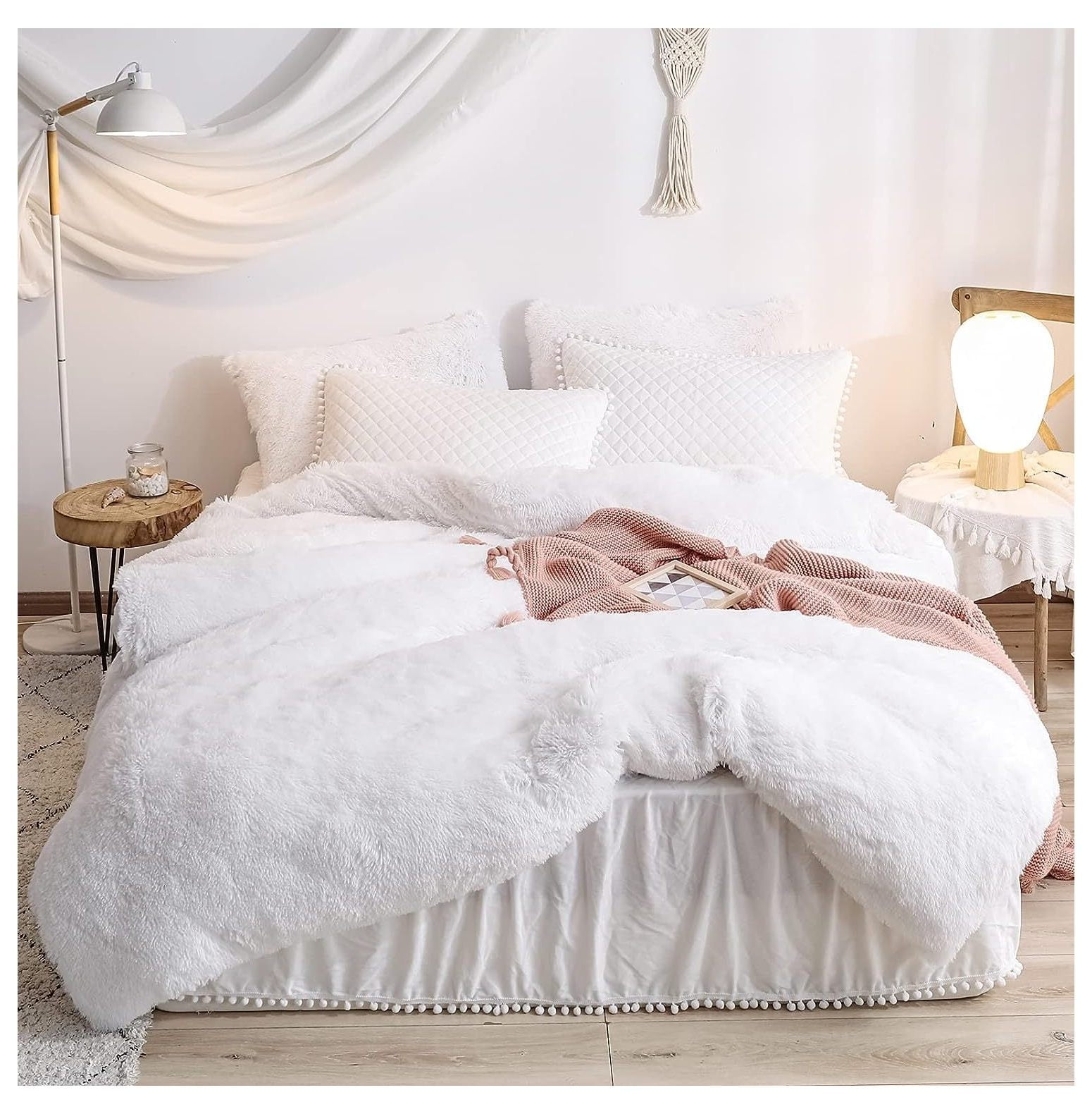 YhbSmt White Faux Fur Comforter Cover Queen Size Fluffy Luxury Ultra
