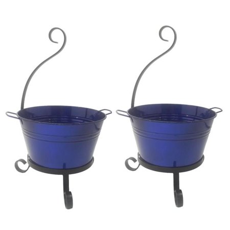 7065E GB S-2 Enameled Galvanized Steel Planter with Iron Stand - Set of 2