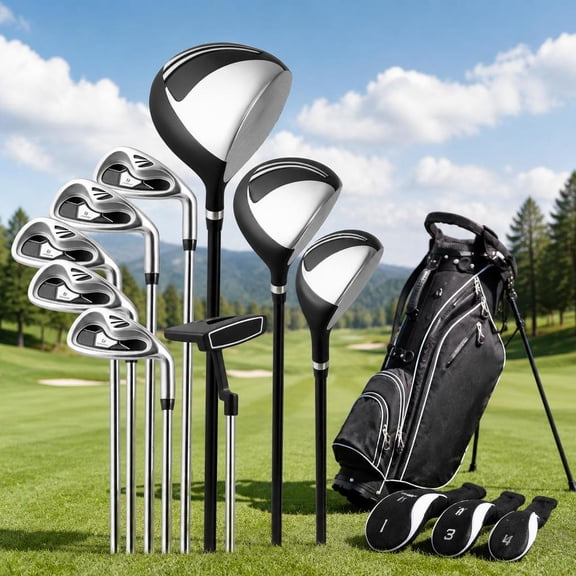 Men's Golf Club Set, 10-piece complete set, includes driver, fairway wood, hybrid, irons, putter, black with stand bag