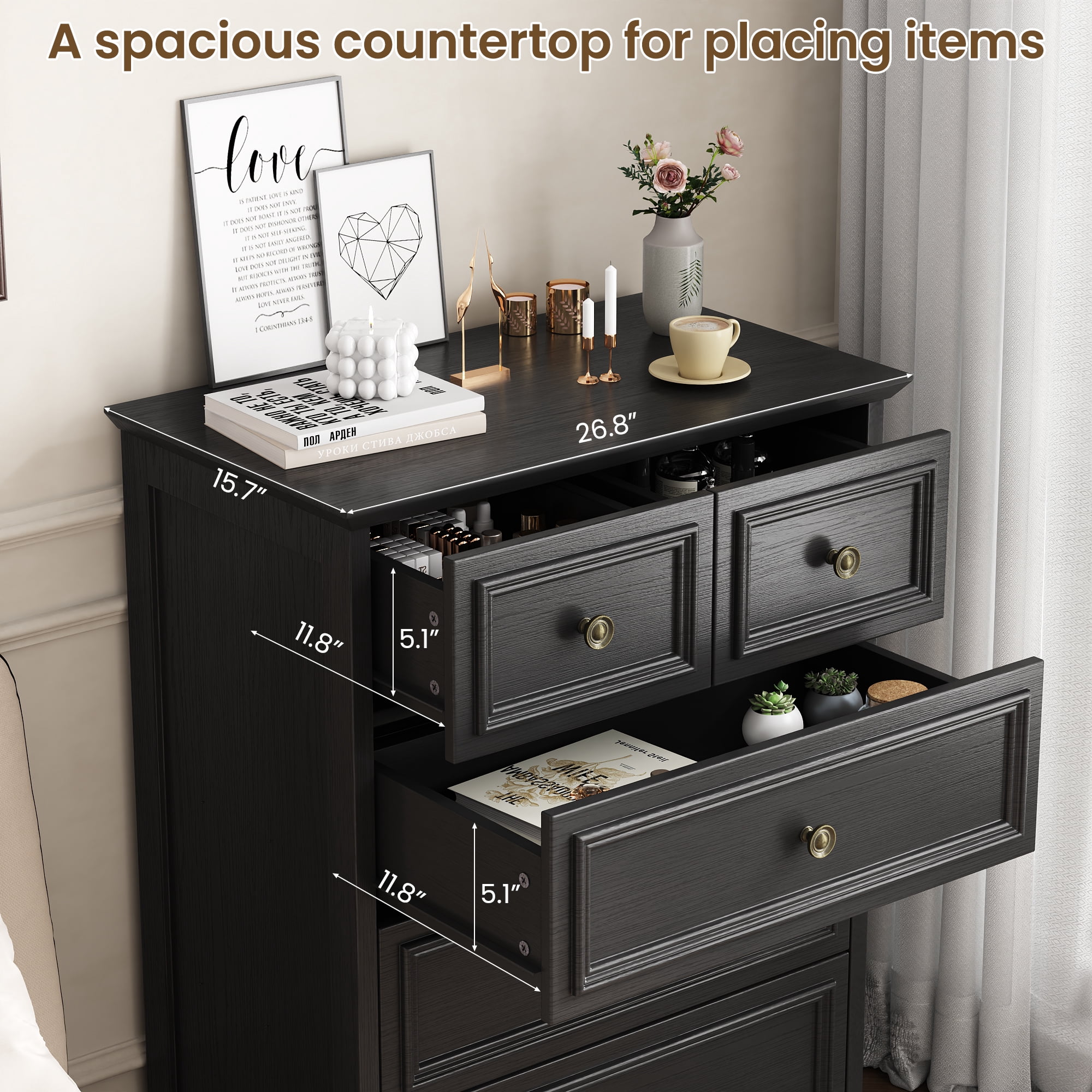 IDEALSOUL 5 Drawer Dresser for Bedroom, Black Rustic Style Chest of Drawers, Retro Style 5 Drawer Dresser for Bedroom, Living Room, Bathroom