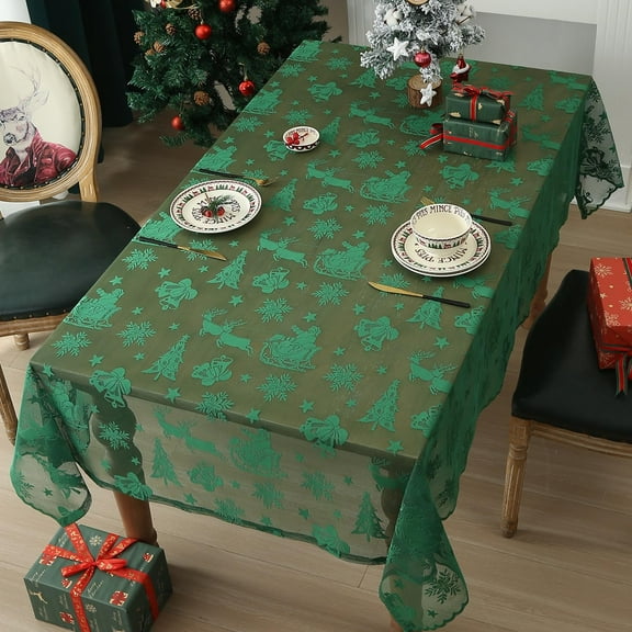Green Rectangular Lace Christmas Tablecloth 140*180cm, Santa and Snowflakes Pattern Semi Sheer Emboridegreen Holiday Table Cover Dining Table Christmas Decor for Party and Home Gatherings