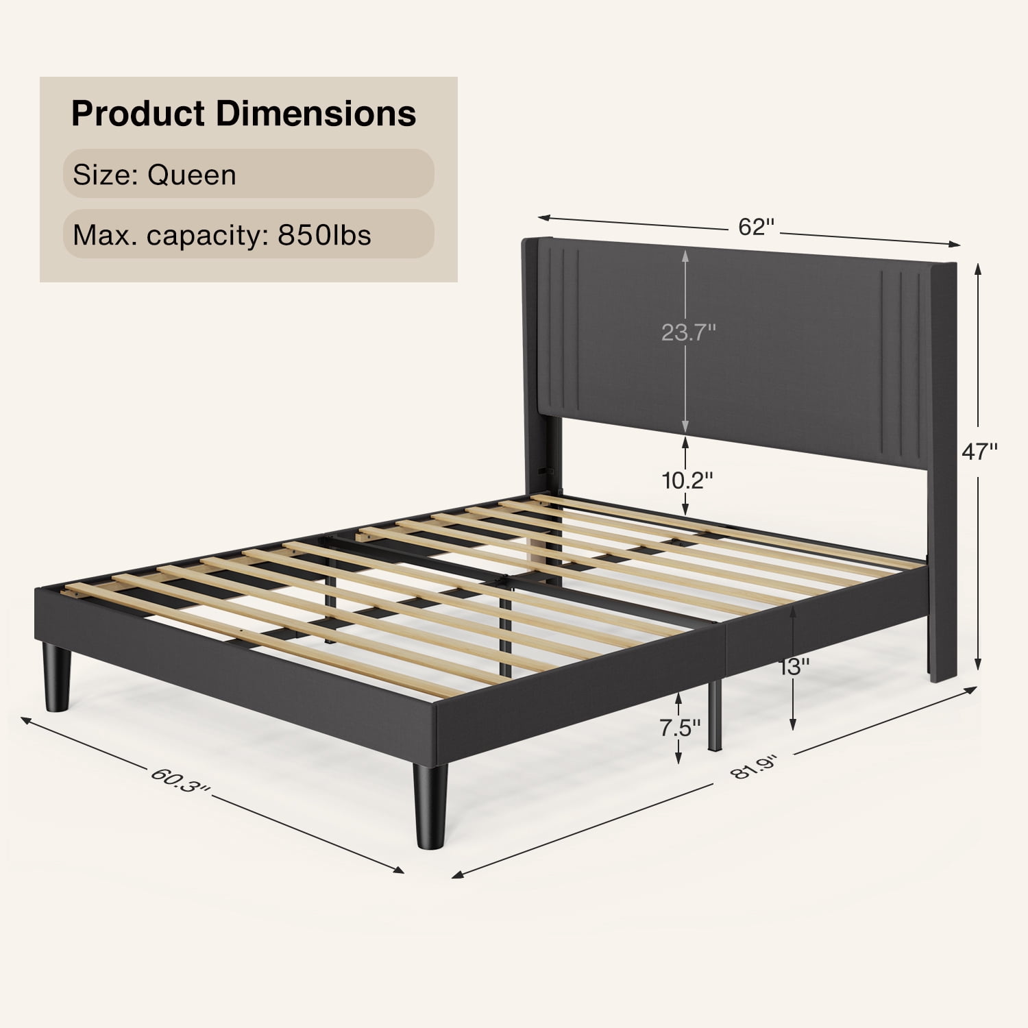 Queen Bed Frame & Storage Combo, Upholstered Platform Bed Frame with 4 Wood Dressers (2, 5, 8 Drawers), Dark Gray & Black