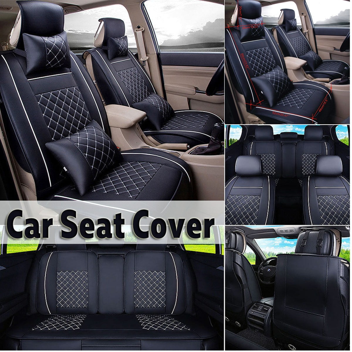 Flying Banner Car Seat Covers 11 PCS Front Seats and Rear Leather Cover Waterproof Bench Black with Water Blue 
