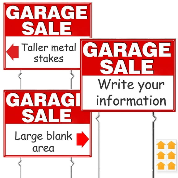 Remiawy Garage Sale Signs, 3 pcs Garage Sale Signs with Metal Stakes Double Sided Large 17x13 inch Corrugated Plastic Yard Sale Signs