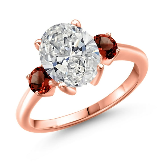 Gem Stone King 2.74 cttw IGI Certified Lab Grown Diamond and Red Garnet 3-Stone Engagement Ring for Women | 18K Rose Gold Plated Silver | Center 2.00 Ct Diamond | E-F Color | VS1-VS2 Clarity | Size 6