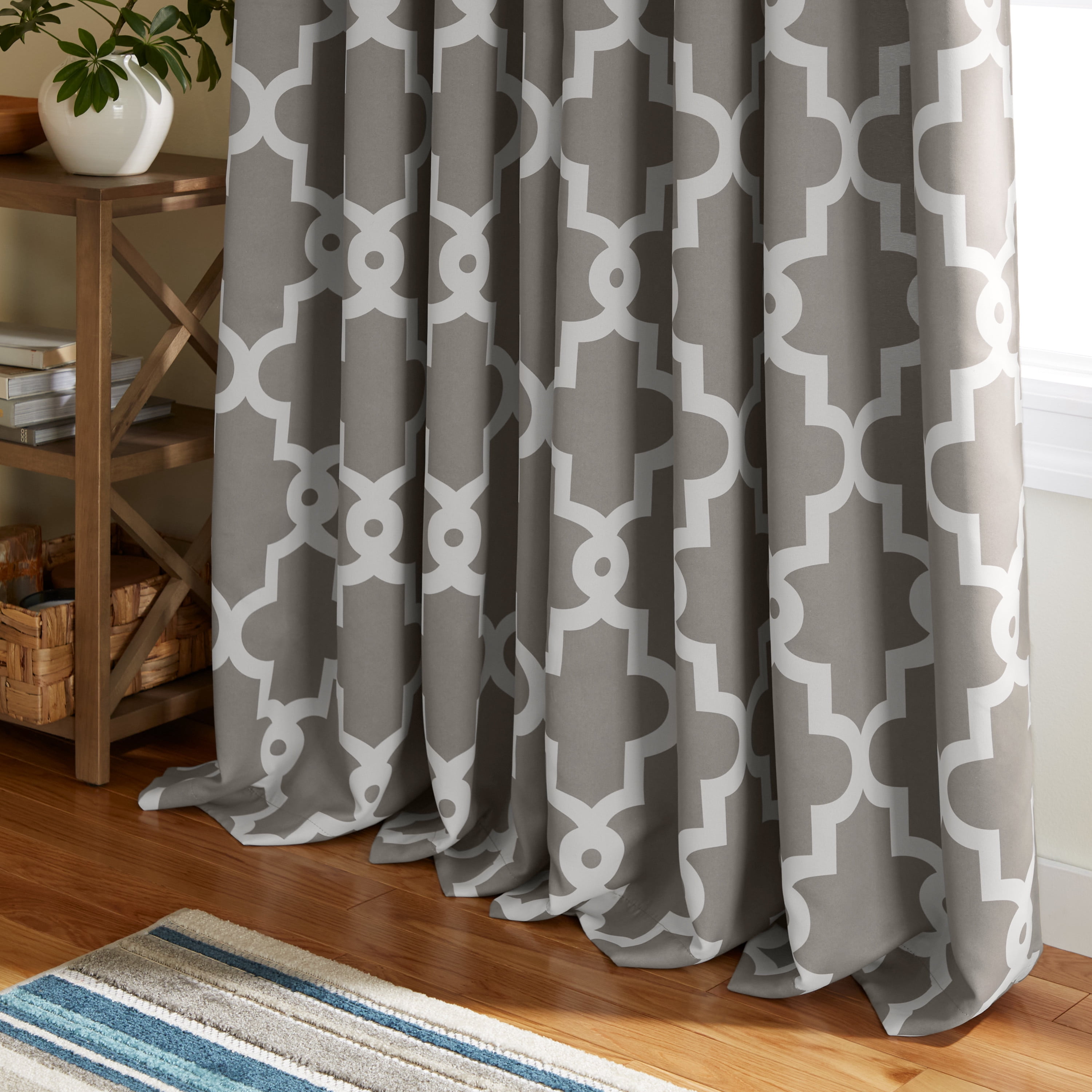 TOWN & COUNTRY EVERYDAY Ironwork Geo Trellis Sateen Indoor Curtains, Room Darkening Blackout, Grommet Top, Energy Efficient, 2-Pack Set, 52"x63", Silver