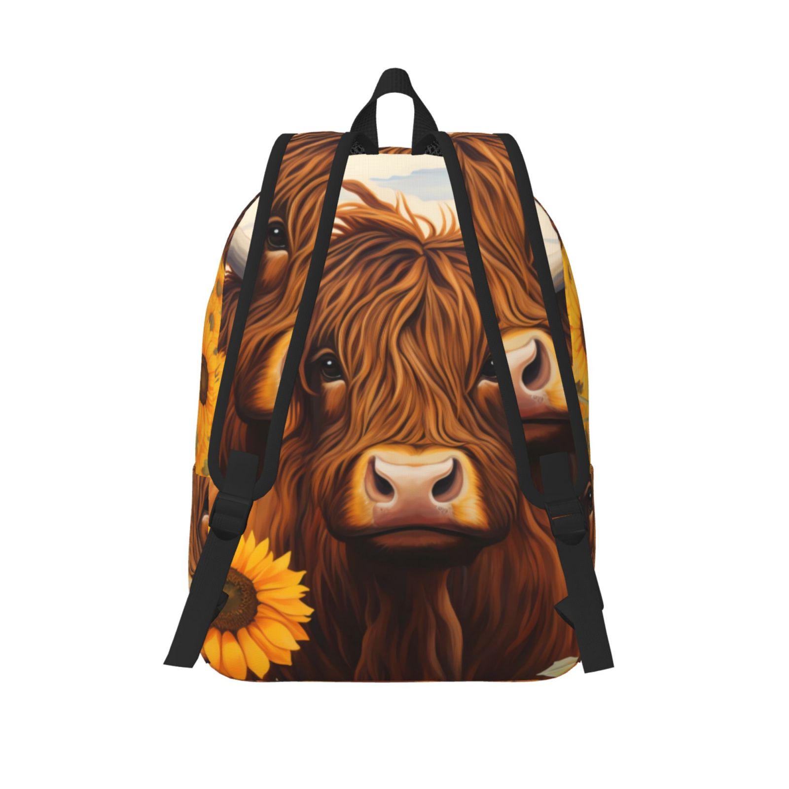 Picia Countryside Sunflower Cow Printed Canvas Daypack - Stylish and Durable Vintage Compact Backpack - Class, Work, Travel, or Laptop Bookbag,Organized Compartments-Medium