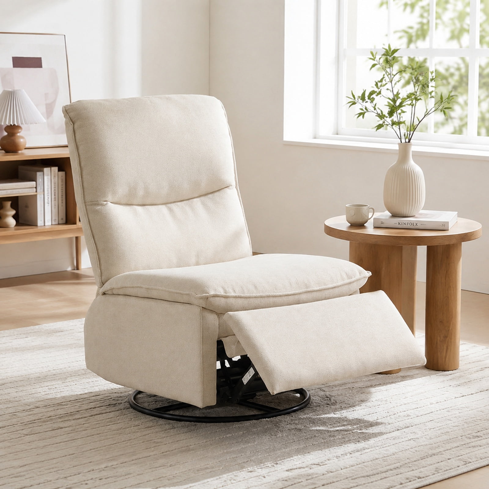 Furnibear 360 Degree Swivel Rocking Recliner Accent Chair with Cushioned Back Extendable Footrest and Metal Frame for Living Room and Nursery, Beige