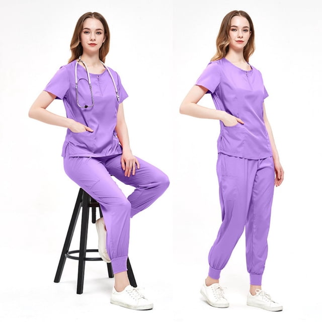 LYMAYTER Uniforme Médical pour Femmes, Col Rond Couleur Unie Décontracté avec Poches pour Ensemble d'Uniforme Médical S-2TG