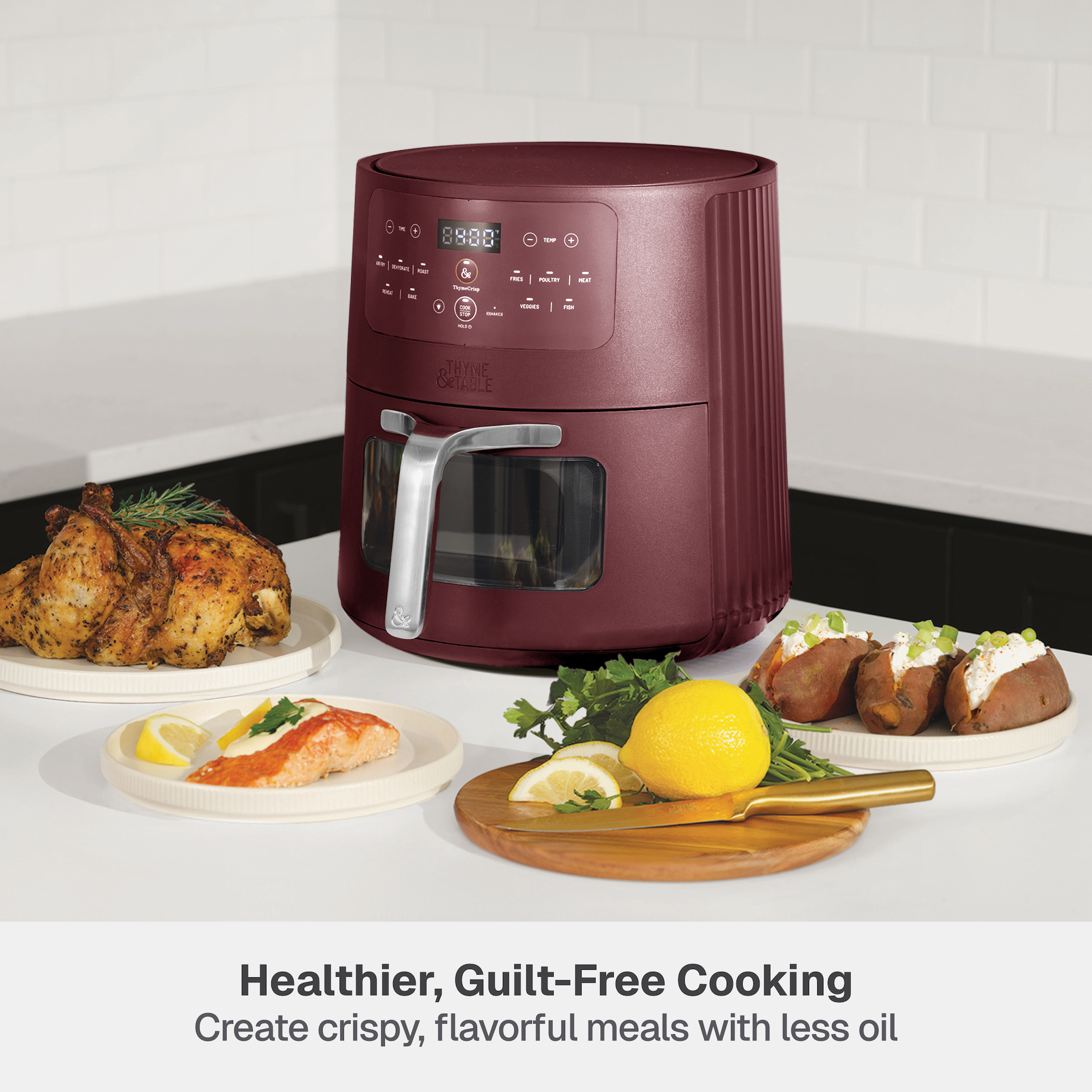Thyme & Table 6QT Air Fryer, with ThymeCrisp™ and Ceramic-Coated Nonstick Basket, Cabernet Red